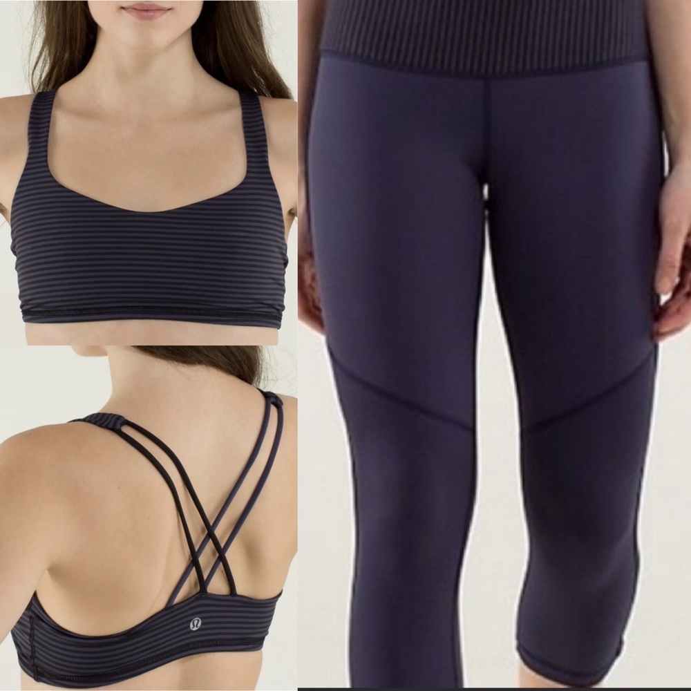 LULULEMON Race With Grace Crop Tights + Free to Be Bra Set in Cadet Blue